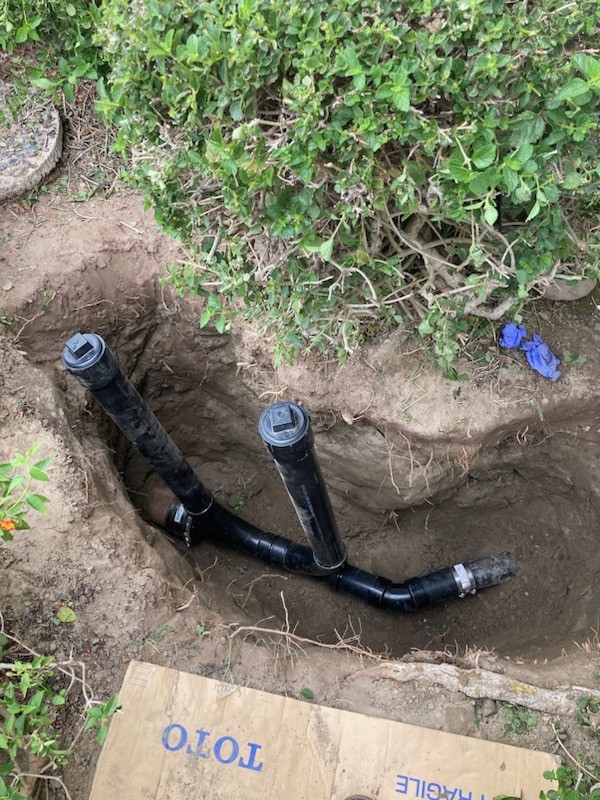 drainage-service-two-way-cleanout-orange-county Two-way sewer cleanout with two capped black risers installed in an open trench beside a hedge