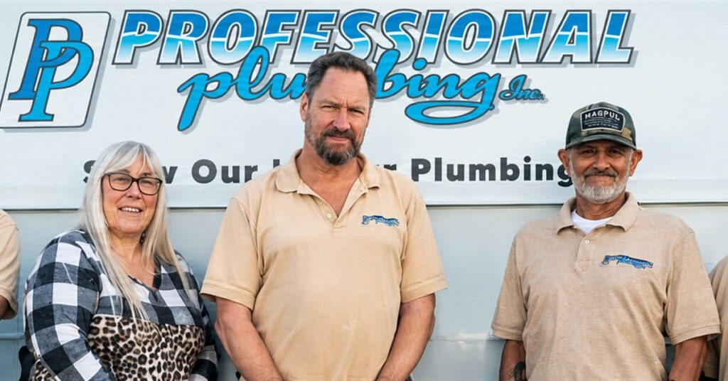 free-second-opinion-plumbing-quote-orange-county Office Manager Liz, Regional Supervisor Nick and Vince, one of the senior techs standing in front of one of our plumbing vans.